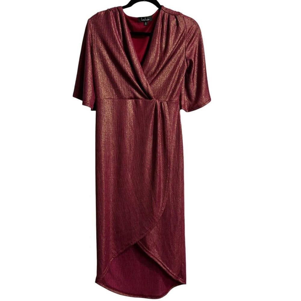 Lulus You're the‎ Stun Berry Red Metallic Midi Dress M Kimono Sleeve Whimsical